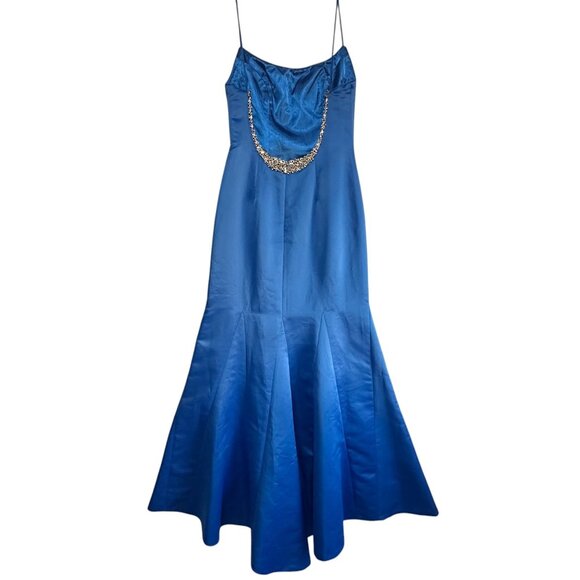 Jovani Blue Satin Sleeveless Rhinestone U Back Mermaid Trumpet Long Dress Sz 10 - Picture 5 of 15